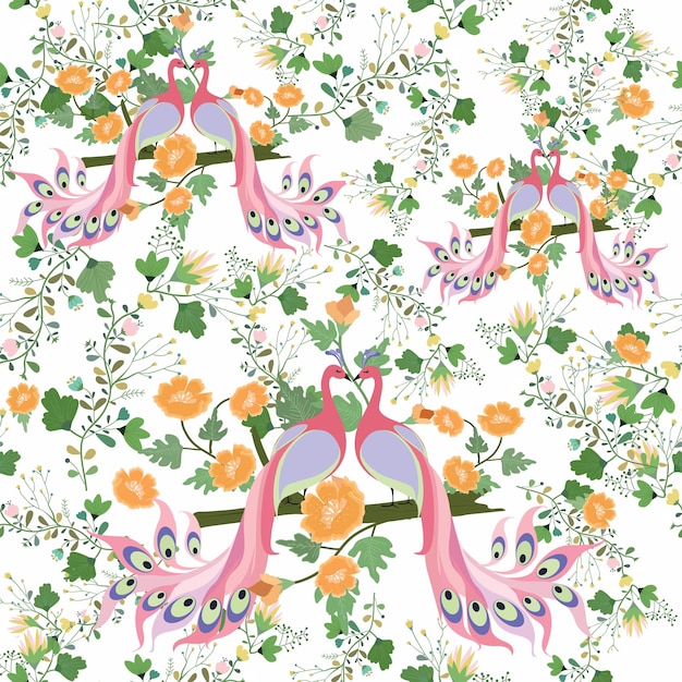 Couple pink peacock with floral seamless pattern.