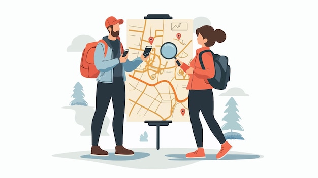 Vector couple planning route with magnifying glass