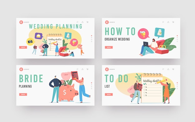 Couple Planning Wedding Landing Page Template Set. Tiny Loving Characters at Huge Planner Fill Checklist before Marriage Ceremony. Love, Event Organization, Holiday. Cartoon People Vector Illustration