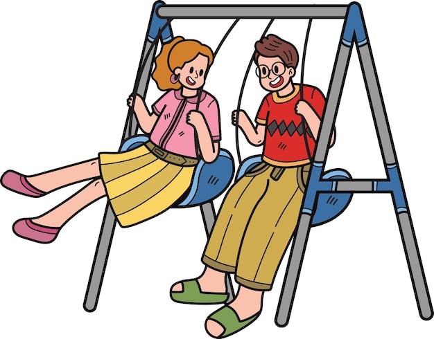 Couple playing on swings illustration in doodle style