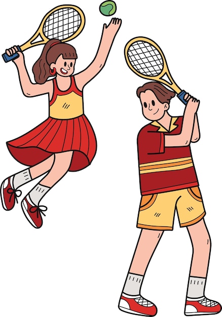 Couple playing tennis illustration in doodle style