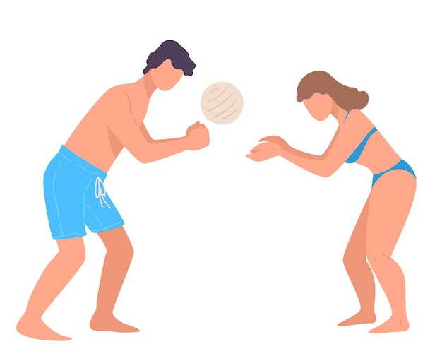 Couple playing volleyball on summertime vacation. Man and woman in swimming suits spending weekends or holidays actively. Male and female throwing ball, people by beach. Vector in flat style