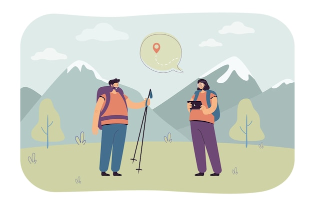 Couple plotting route for hiking. Couple of hikers with tablet thinking about trek to top of mountain.