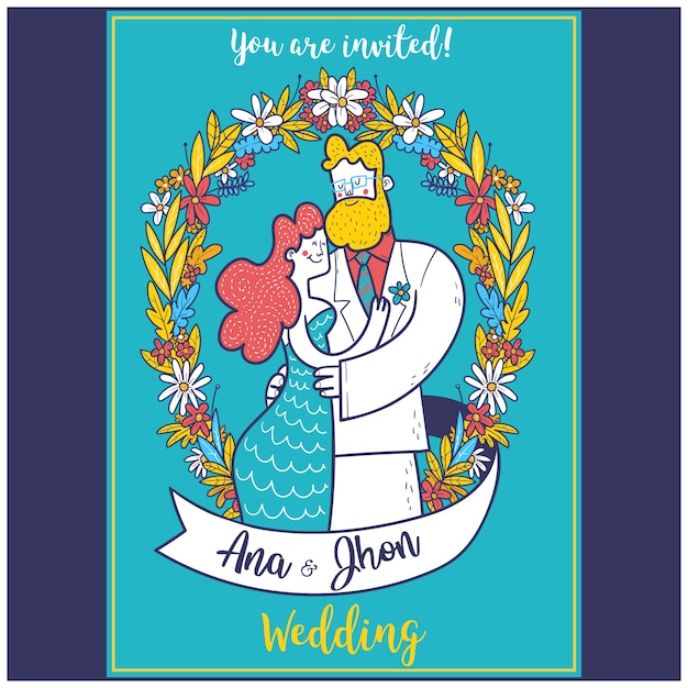 Couple Portrait Illustration Wedding invitation Template