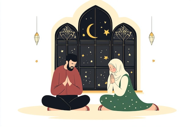 Vector couple praying together inside mosque