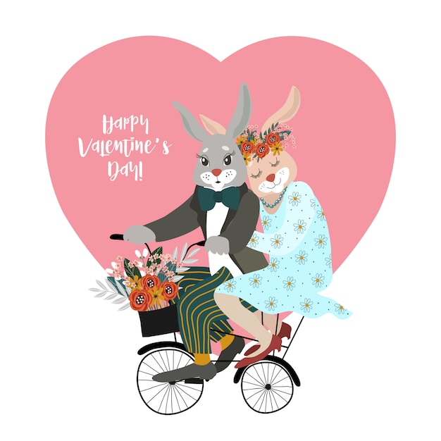 A couple of rabbits in love on a bicycle with a bouquet of flowers against the background of a big heart