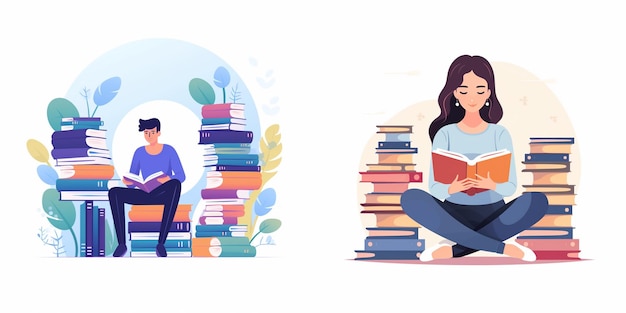 a couple reading a book and sitting on a stack of books