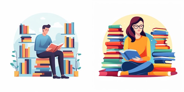 Vector a couple reading books in a library with a man reading a book