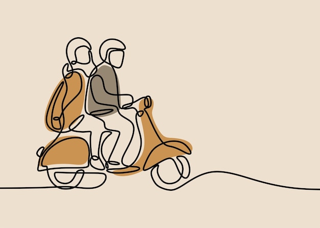 Couple in relationship  riding a classic motor continuous single line art