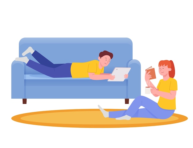 Couple Relax and Enjoying Sitting and Lying in Sofa