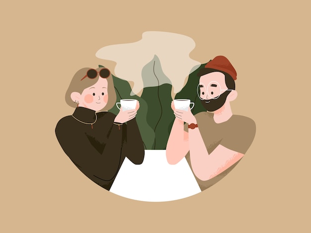 Couple relax have a coffee at cafe shop illustration