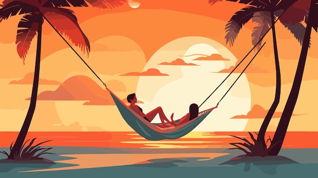 Vector a couple relaxing in a hammock at sunset