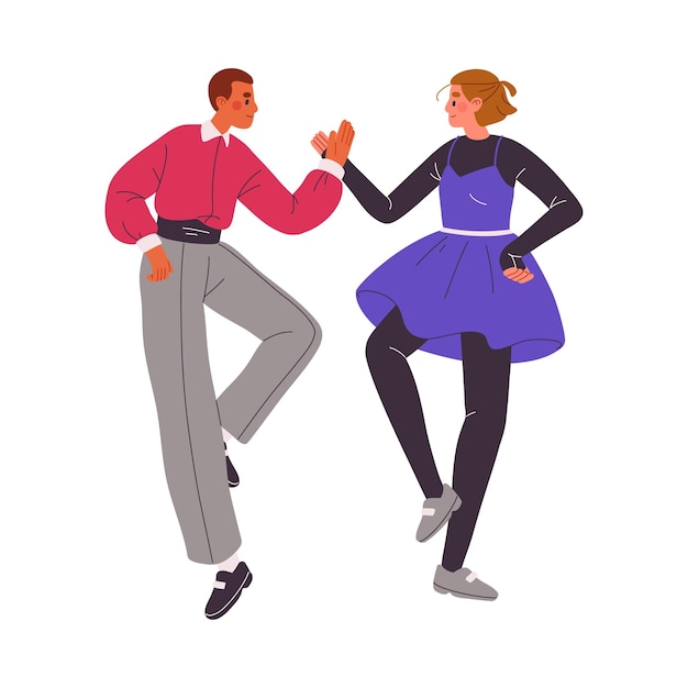 Couple in retro costumes dances tap swing Partners in shoe move with music rhythm Dancers perform lindy hop step on 50s party 60s disco Flat isolated vector illustration on white background