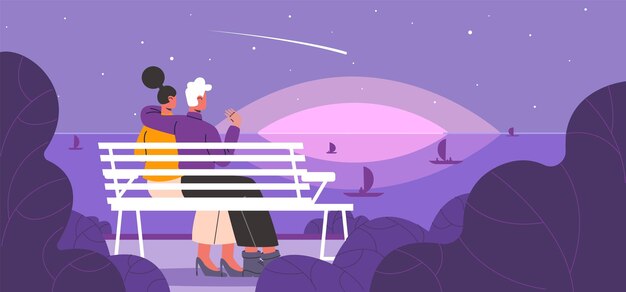 Vector couple romantic walking man and woman in love sitting on bench and admire watching sunset evening seascape people view from back night sky and sea water falling star vector concept