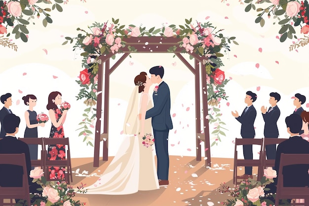 Vector couple at romantic wedding scene