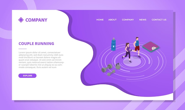 Couple running and jogging concept for website template or landing homepage with isometric style