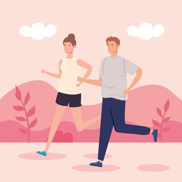 couple running in landscape nature scene vector illustration design