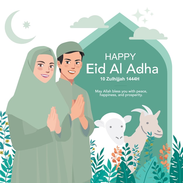 couple in sage doing hand gesture for Idul adha Greetings