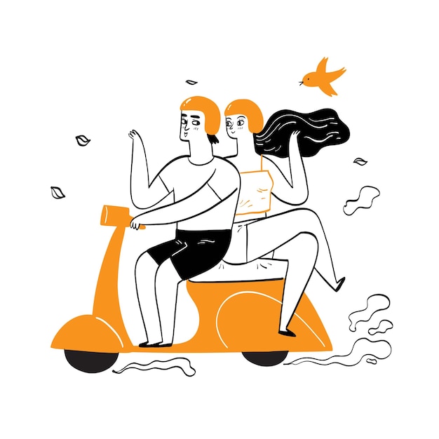 Couple on scooter doing outdoor activities newly married couple, honeymoon, Hand drawing vector illustration doodle style.