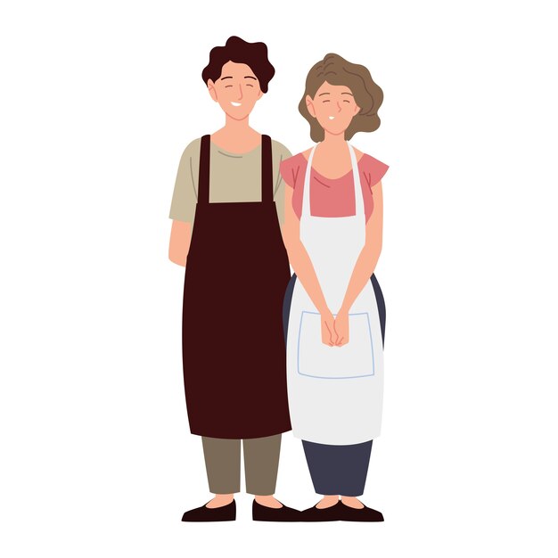 Couple the sellers characters wearing apron illustration