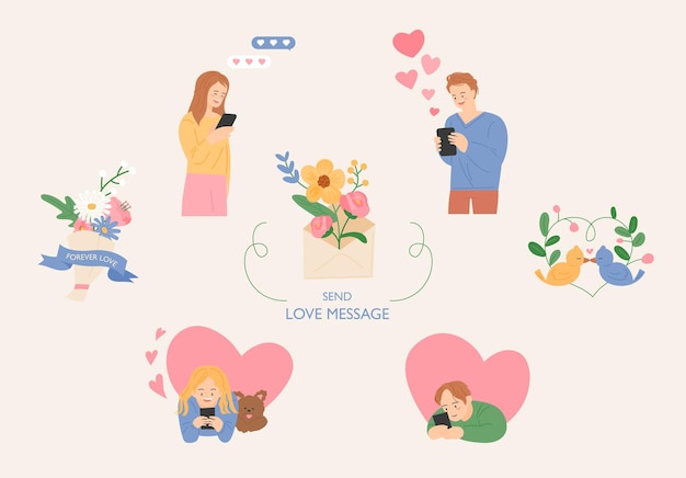 Couple sending each other mobile text messages There is a flower logo around it