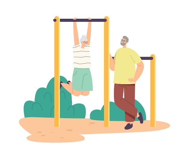 Couple of Senior Characters Exercising on Horizontal Bar Together, Pensioners Doing Exercises, Outdoor Activity and Sport, Old People Have Fun, Fitness Healthy Lifestyle. Cartoon Vector Illustration