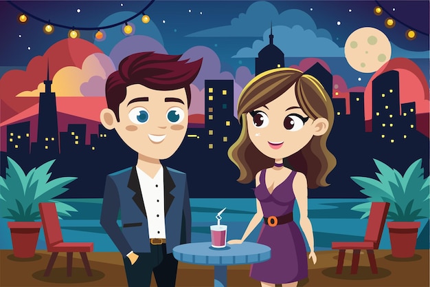 A couple shares a sweet moment at a rooftop cafAC with a stunning city skyline backdrop at night Night date Customizable Cartoon Illustration