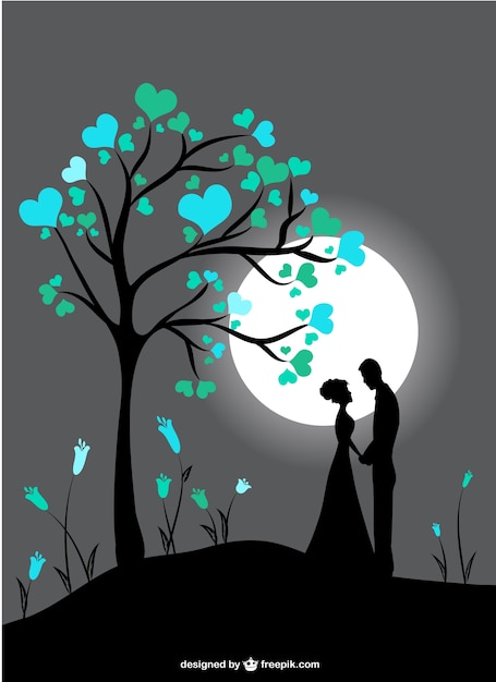 Vector couple silhouettes in moon light