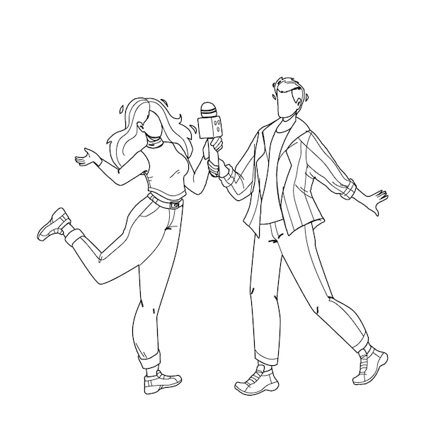 Couple Singing In Karaoke Club Together Black Line Pencil Drawing Vector. Young Man And Woman Sing Song With Microphone In Karaoke Nightclub. Characters People Party, Activity Funny Time Illustration