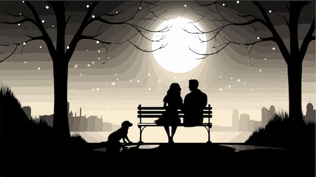 a couple sit on a bench under a full moon