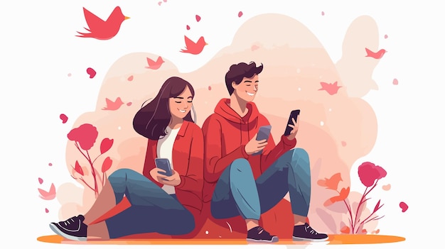 a couple sit on a bench and look at their phones