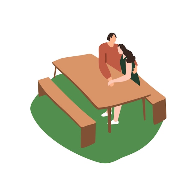 Couple sits on a picnic table hugs hold hands on romantic date outdoor Man and woman love spend time together in park Lovers relax at nature Flat isolated vector illustration on white background