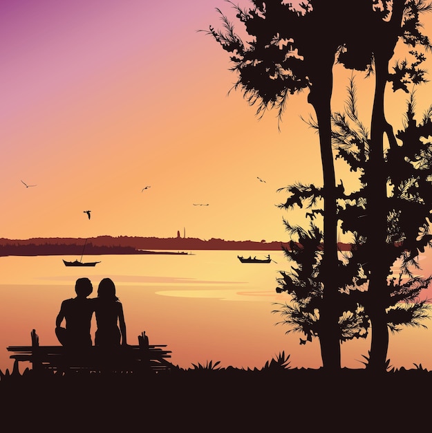 Couple sitting on the bench at sunset Silhouette vector background