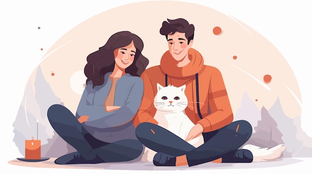 Vector a couple sitting on the floor with a cat