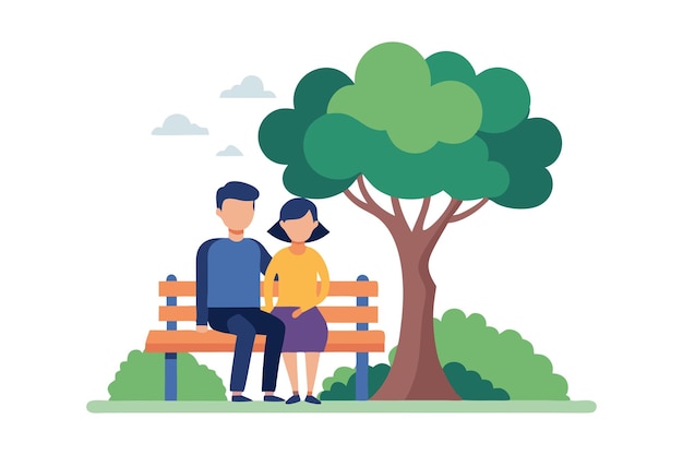 Vector couple sitting on park bench under a tree flat vector illustration of outdoor romance