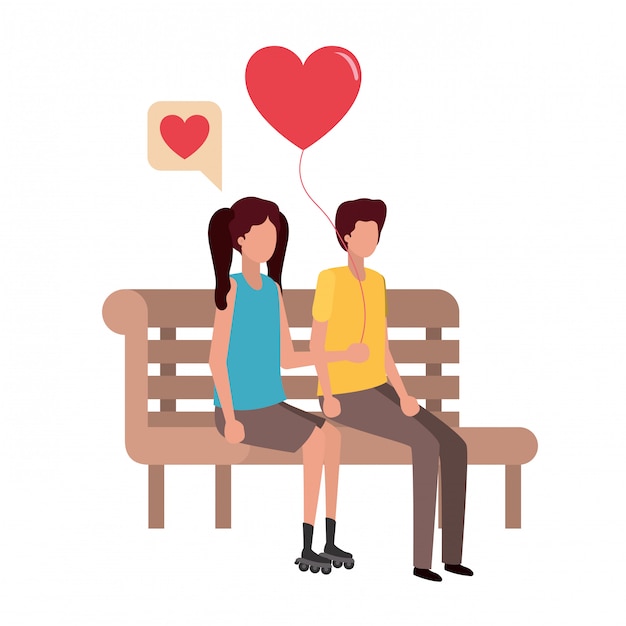 Couple sitting on park chair with hearts character