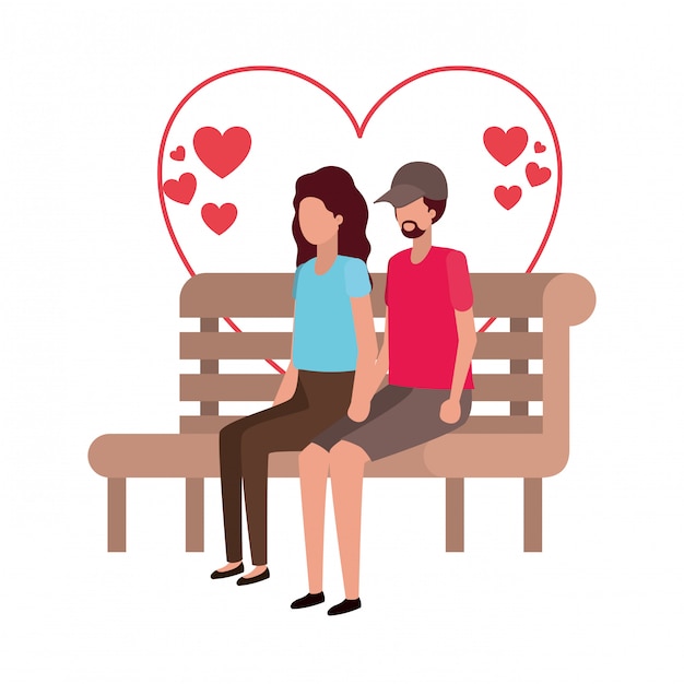 Couple sitting on park chair with hearts character