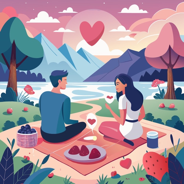 a couple sitting on a picnic area with mountains in the background