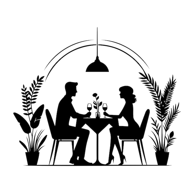 Couple sitting in restaurant vector silhouette