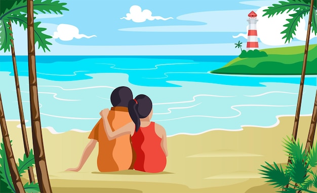 Vector couple sitting at seashore relaxed