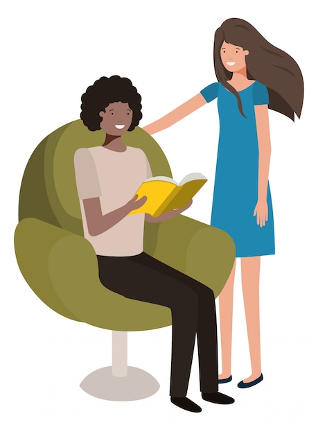 Couple sitting in sofa with book avatar character