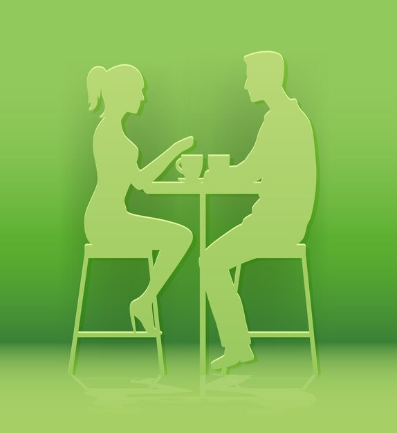 Couple sitting at table paper cut style silhouettes in conversation with coffee cups on green background