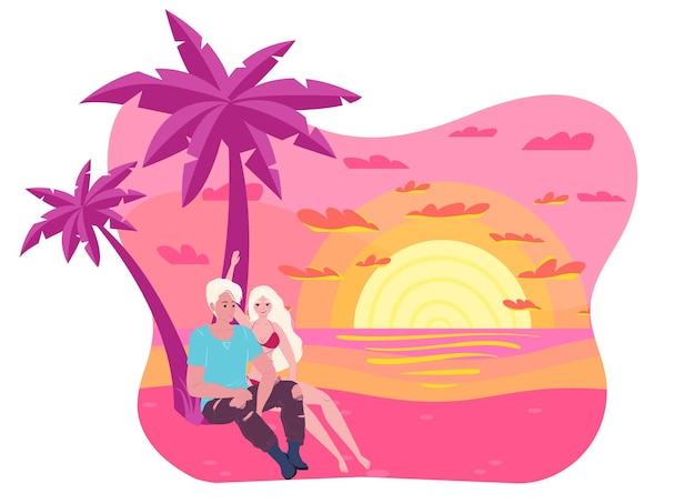 Vector couple sitting together on beach at sunset romantic holiday concept palm trees and sea love travel