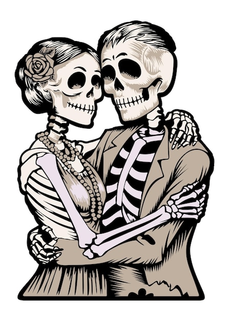 Vector couple of skeletons hugging monochrome vector sticker