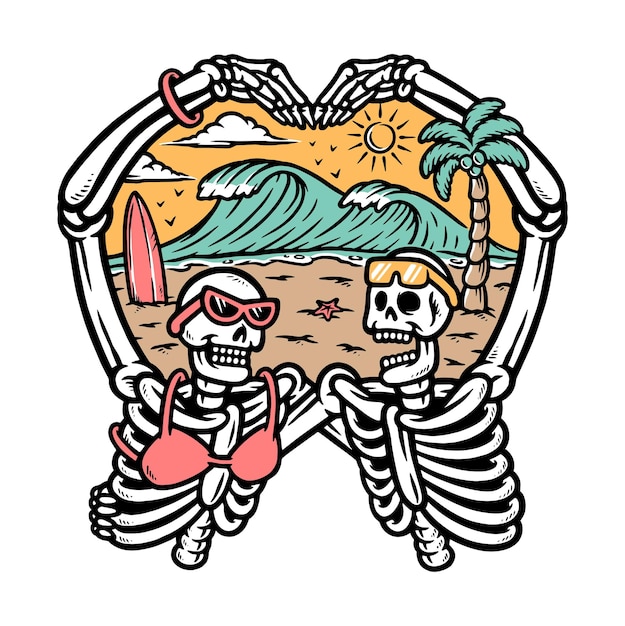 couple of skulls love the beach illustration