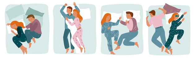 Couple sleep poses Cute guy and girl in soft beds Different positions for slumbering People in funny pajamas lying om mattresses Young lovers night rest top view Sweet dreams Garish vector set