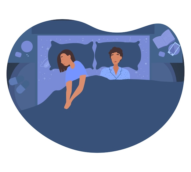 Couple sleeping cartoon flat vector illustration,  Bed, man, woman, bedroom, family lifestyle,