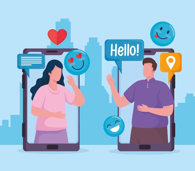 Couple in smartphones social media set icons  illustration 