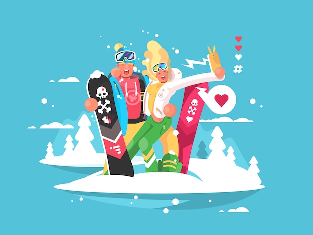 Couple snowboarders boy and girl doing selfie on smartphone.  illustration