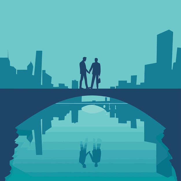 Vector a couple standing on a bridge with a city in the background